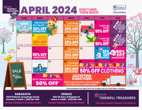 Tidewell Treasures APRIL 2024 Sales Calendar