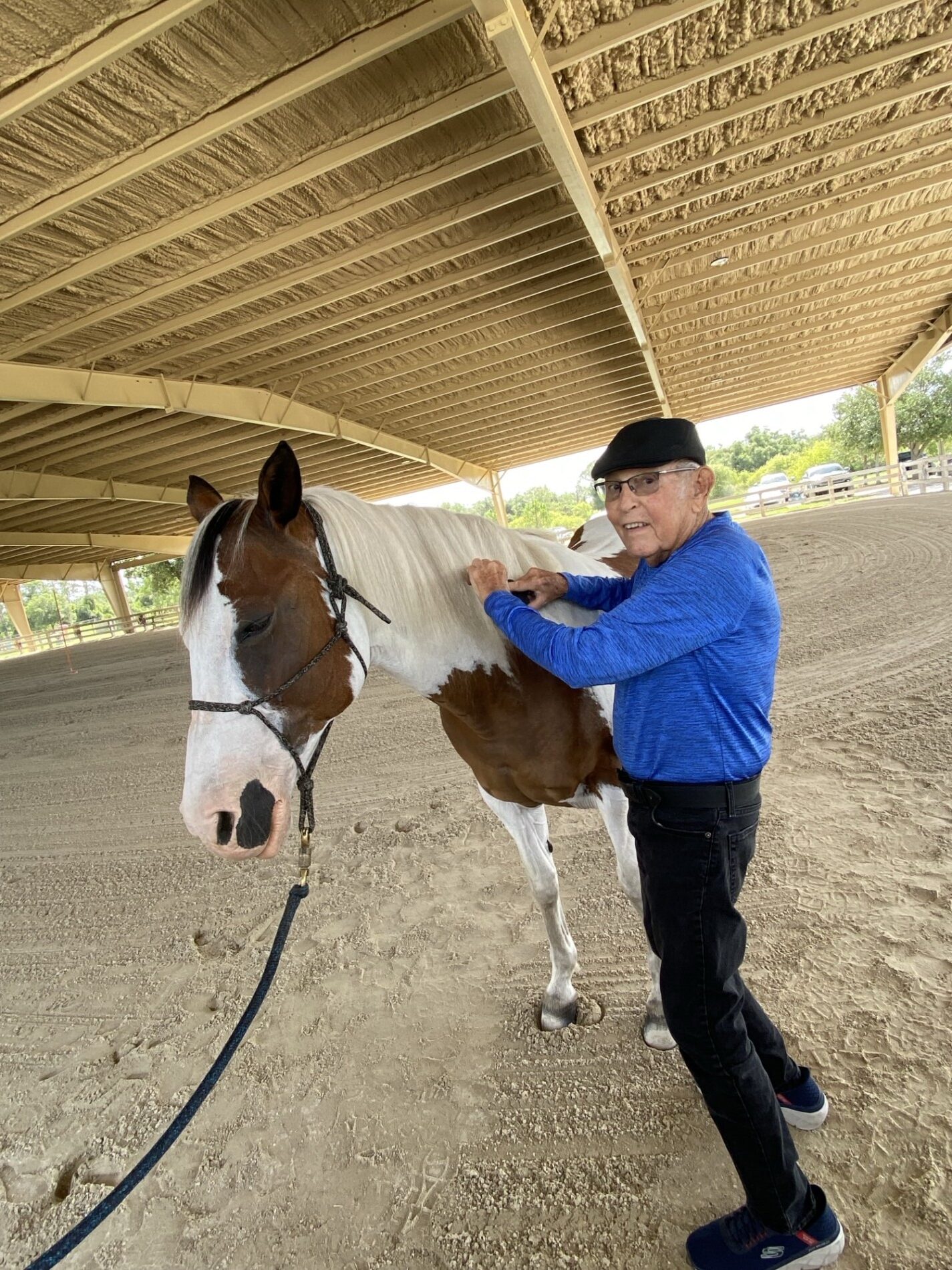 Older man in a blue long-sleeve shirt and black cap brushing a brown-and-white horse inside a covered riding arena.